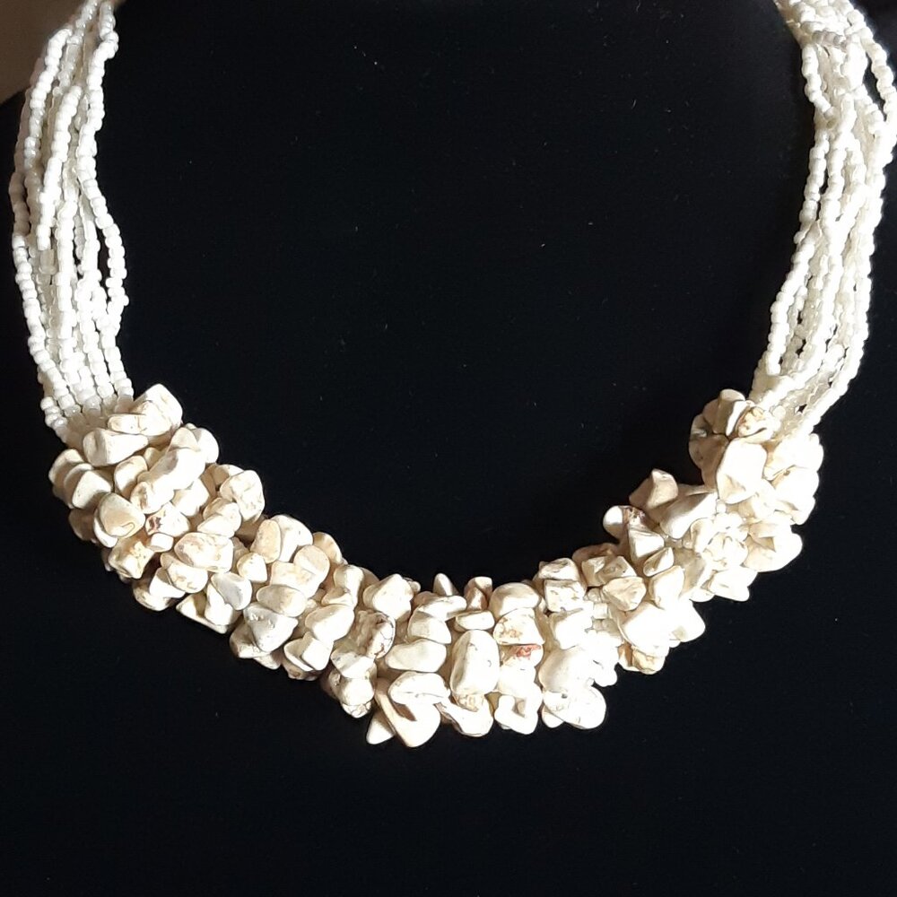 Vintage Cream 16 Inch Seed Bead Statement Necklace, Faux Rocks ⚡BUY 3 for $55⚡